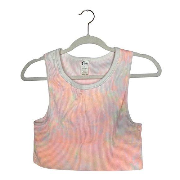 Zyia Active White Hendrix Crop Tank Top Size Large Tie-Dye Ribbed Longline Bra - Picture 2 of 6